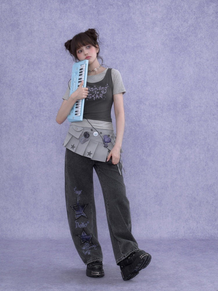 Y2K Faux Layered Striped Short Sleeve T-Shirt【s0000016755】