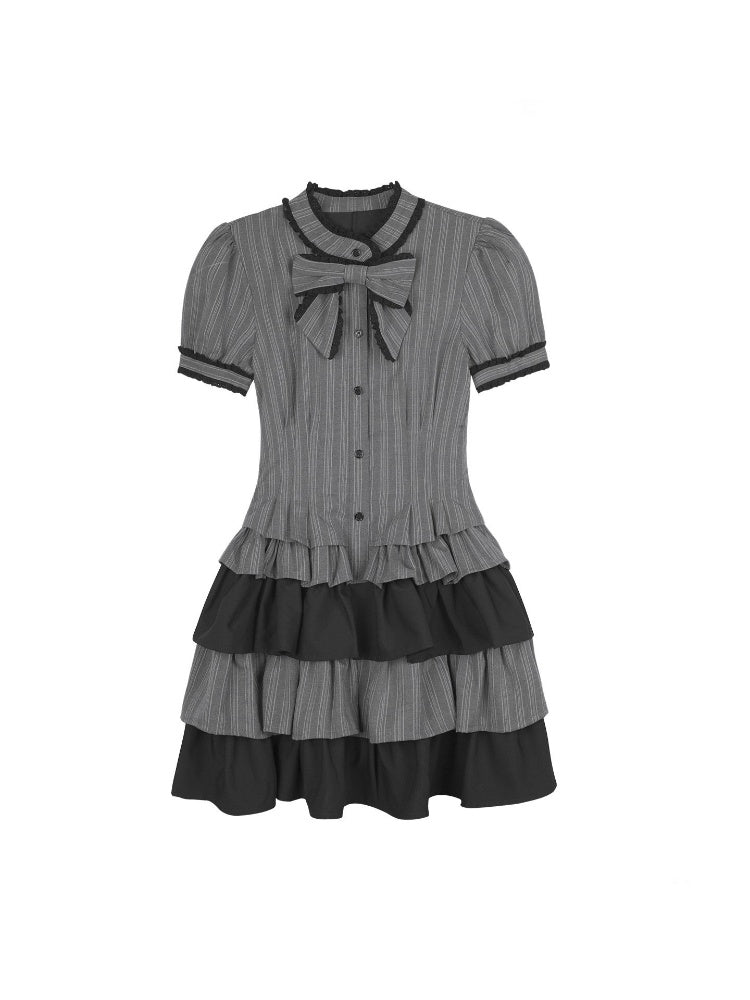 Gothic Doll Ribbon Pinstripes Puff-Sleeve Cake Dress【s0000016757】