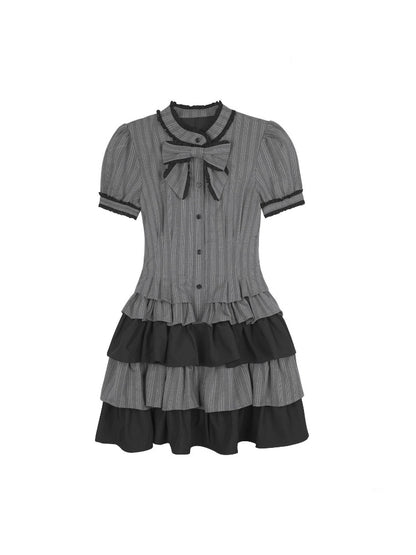 Gothic Doll Ribbon Pinstripes Puff-Sleeve Cake Dress【s0000016757】