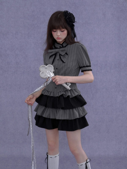 Gothic Doll Ribbon Pinstripes Puff-Sleeve Cake Dress【s0000016757】