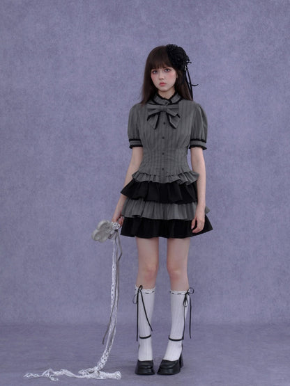 Gothic Doll Ribbon Pinstripes Puff-Sleeve Cake Dress【s0000016757】