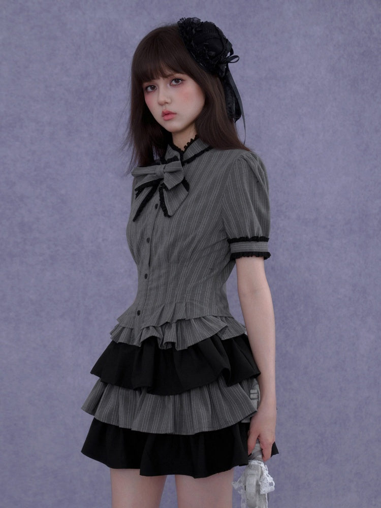 Gothic Doll Ribbon Pinstripes Puff-Sleeve Cake Dress【s0000016757】