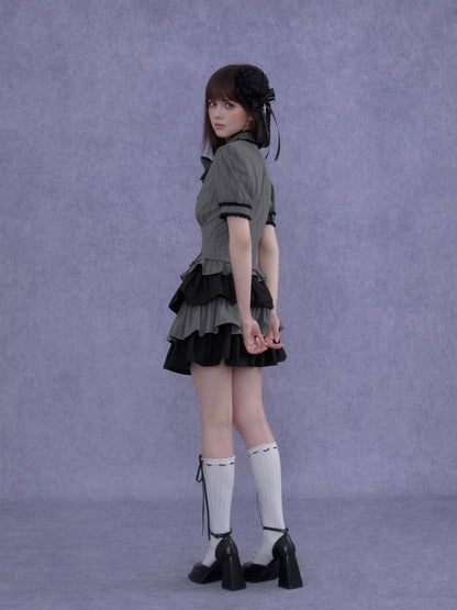 Gothic Doll Ribbon Pinstripes Puff-Sleeve Cake Dress【s0000016757】