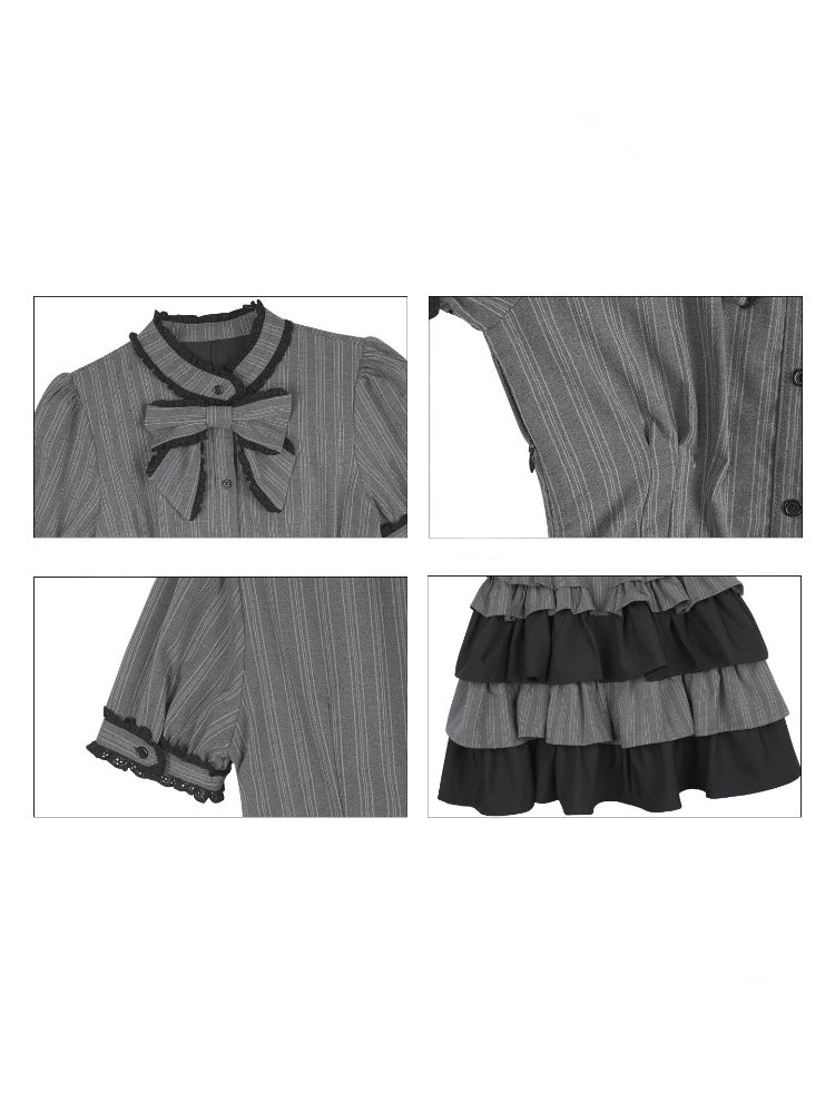 Gothic Doll Ribbon Pinstripes Puff-Sleeve Cake Dress【s0000016757】