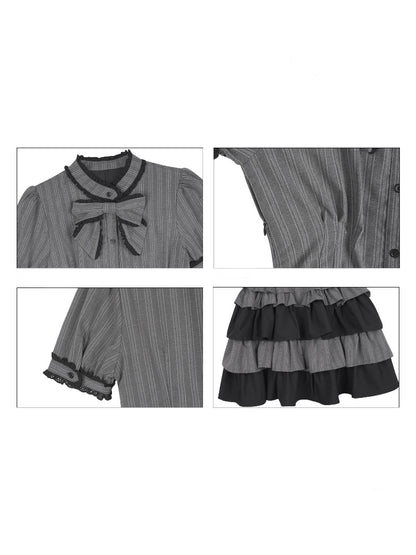 Gothic Doll Ribbon Pinstripes Puff-Sleeve Cake Dress【s0000016757】
