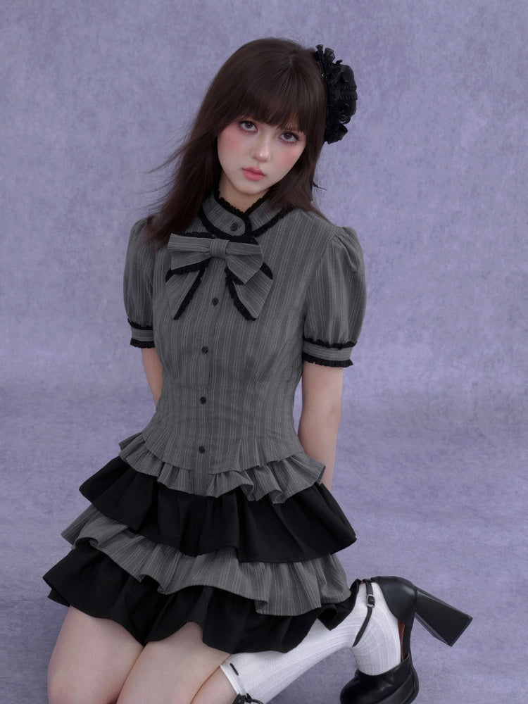 Gothic Doll Ribbon Pinstripes Puff-Sleeve Cake Dress【s0000016757】