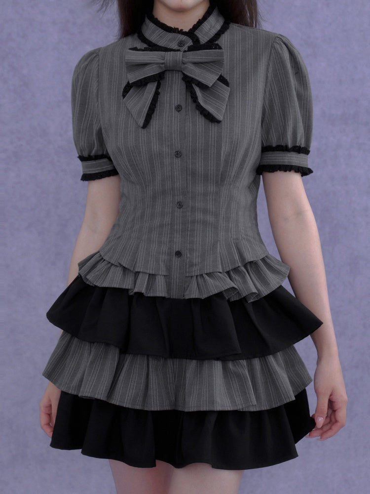 Gothic Doll Ribbon Pinstripes Puff-Sleeve Cake Dress【s0000016757】