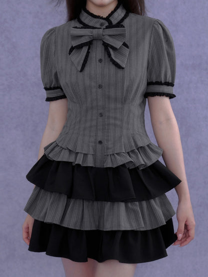 Gothic Doll Ribbon Pinstripes Puff-Sleeve Cake Dress【s0000016757】