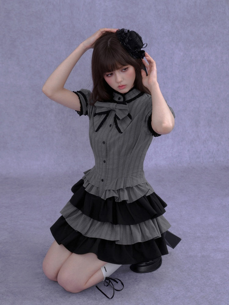 Gothic Doll Ribbon Pinstripes Puff-Sleeve Cake Dress【s0000016757】