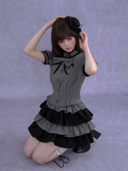 Gothic Doll Ribbon Pinstripes Puff-Sleeve Cake Dress【s0000016757】