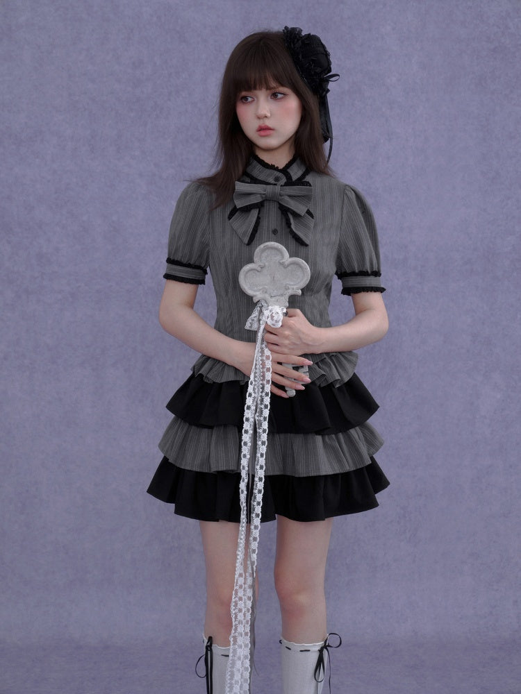 Gothic Doll Ribbon Pinstripes Puff-Sleeve Cake Dress【s0000016757】