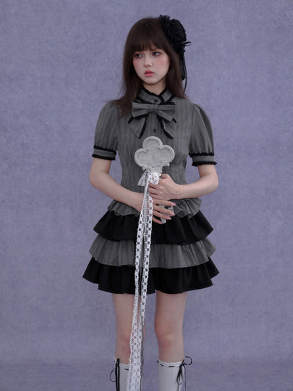 Gothic Doll Ribbon Pinstripes Puff-Sleeve Cake Dress【s0000016757】
