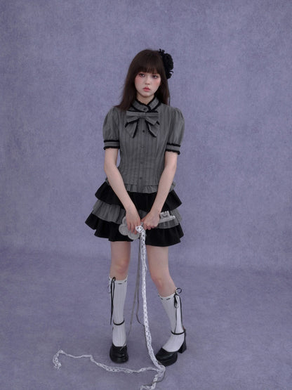 Gothic Doll Ribbon Pinstripes Puff-Sleeve Cake Dress【s0000016757】