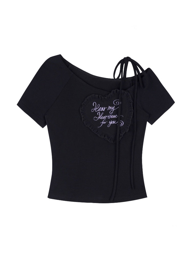 3D Ruffle Hear One-Shoulder Short-Sleeved T-Shirt【s0000016758】