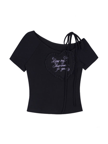 3D Ruffle Hear One-Shoulder Short-Sleeved T-Shirt【s0000016758】