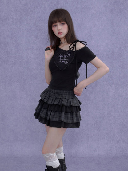 3D Ruffle Hear One-Shoulder Short-Sleeved T-Shirt【s0000016758】