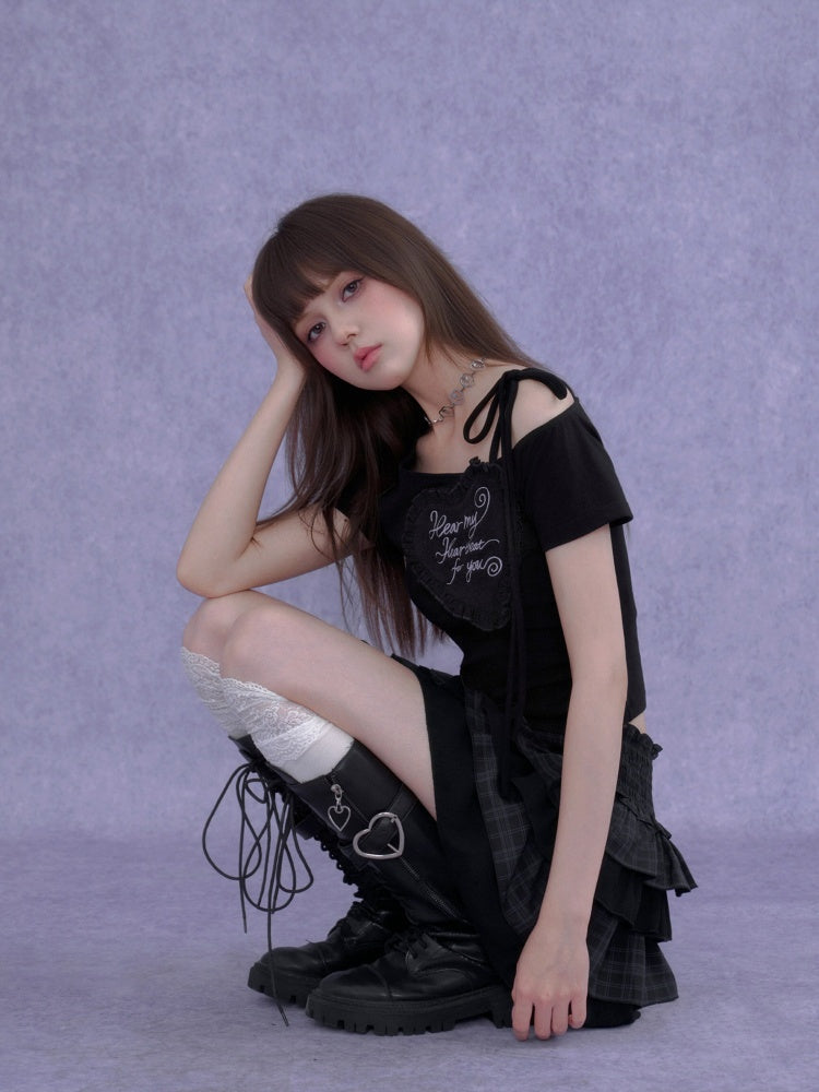 3D Ruffle Hear One-Shoulder Short-Sleeved T-Shirt【s0000016758】