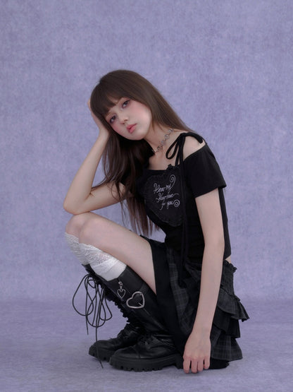 3D Ruffle Hear One-Shoulder Short-Sleeved T-Shirt【s0000016758】
