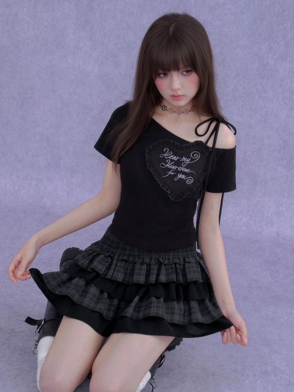 3D Ruffle Hear One-Shoulder Short-Sleeved T-Shirt【s0000016758】