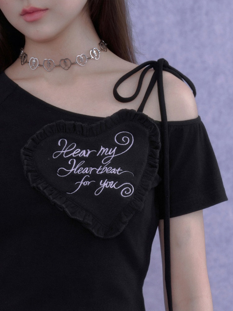 3D Ruffle Hear One-Shoulder Short-Sleeved T-Shirt【s0000016758】