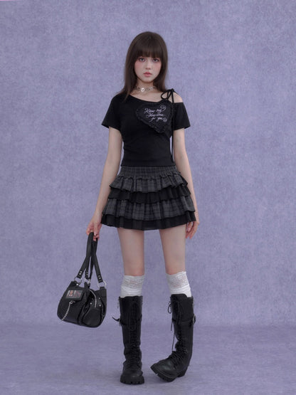 3D Ruffle Hear One-Shoulder Short-Sleeved T-Shirt【s0000016758】