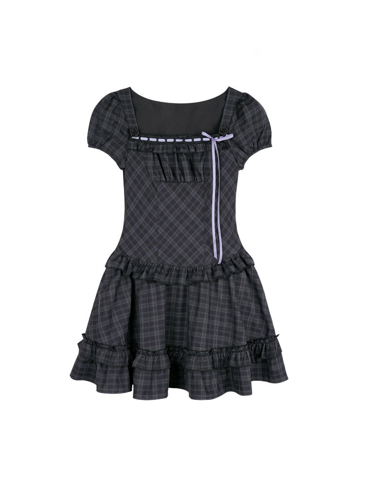 Lolita Doll Rose Embellished Plaid Square Collar Ribbon Dress【s0000016760】