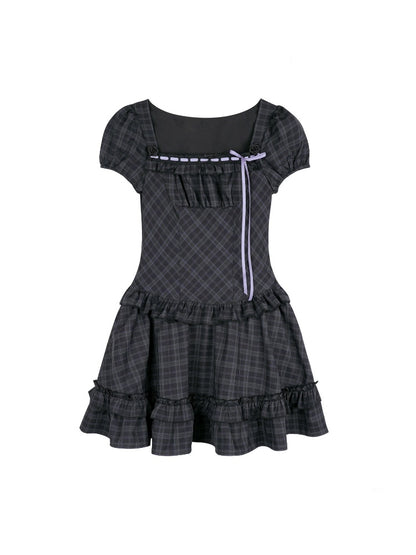 Lolita Doll Rose Embellished Plaid Square Collar Ribbon Dress【s0000016760】