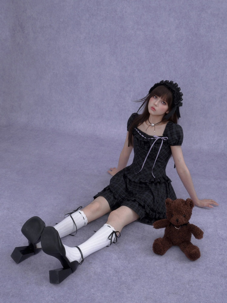 Lolita Doll Rose Embellished Plaid Square Collar Ribbon Dress【s0000016760】