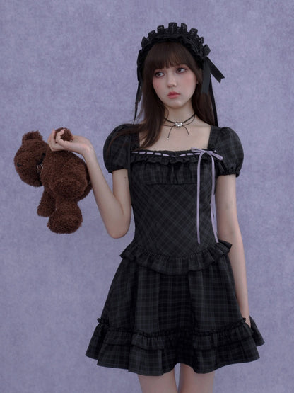 Lolita Doll Rose Embellished Plaid Square Collar Ribbon Dress【s0000016760】