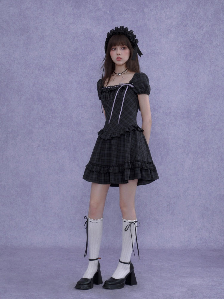 Lolita Doll Rose Embellished Plaid Square Collar Ribbon Dress【s0000016760】