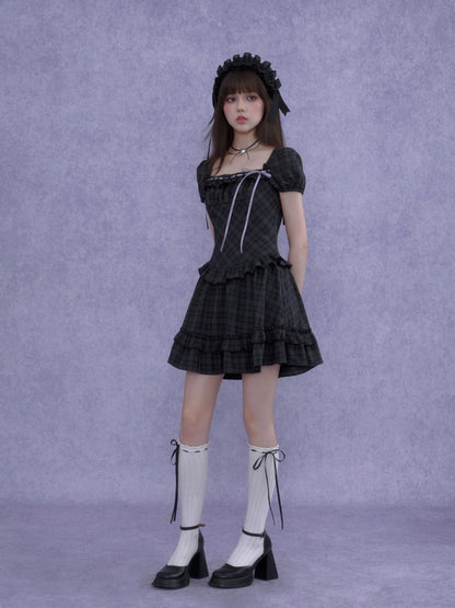 Lolita Doll Rose Embellished Plaid Square Collar Ribbon Dress【s0000016760】