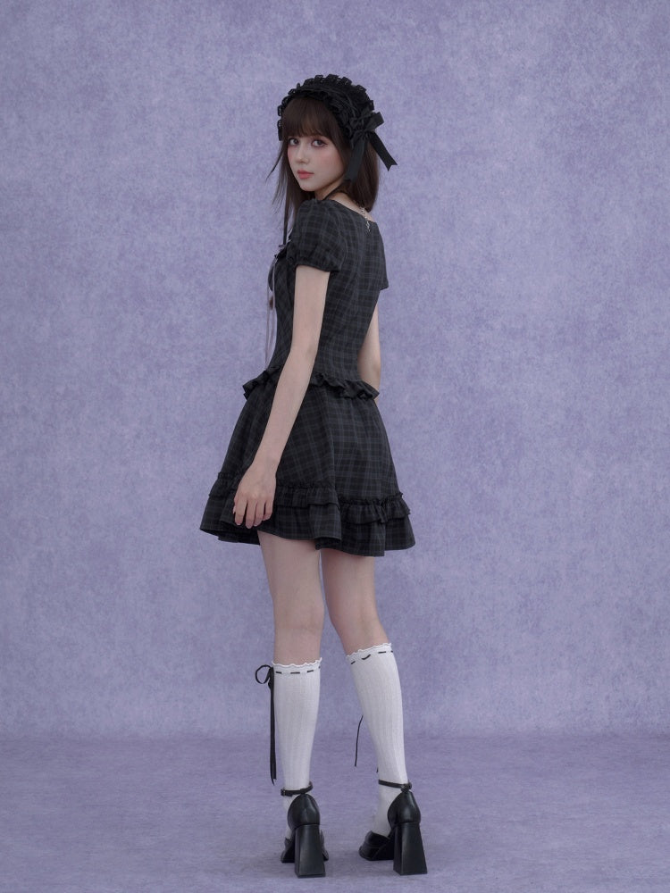 Lolita Doll Rose Embellished Plaid Square Collar Ribbon Dress【s0000016760】