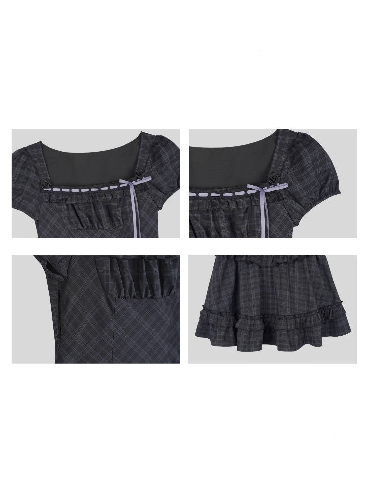 Lolita Doll Rose Embellished Plaid Square Collar Ribbon Dress【s0000016760】