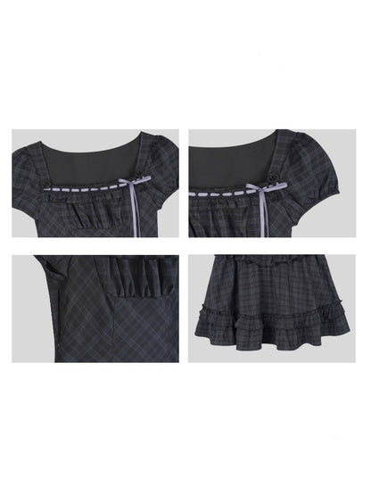 Lolita Doll Rose Embellished Plaid Square Collar Ribbon Dress【s0000016760】
