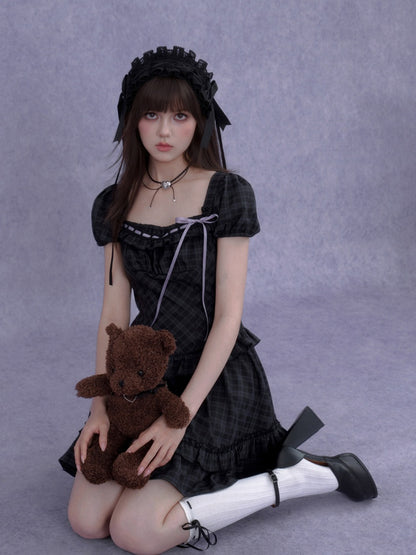 Lolita Doll Rose Embellished Plaid Square Collar Ribbon Dress【s0000016760】