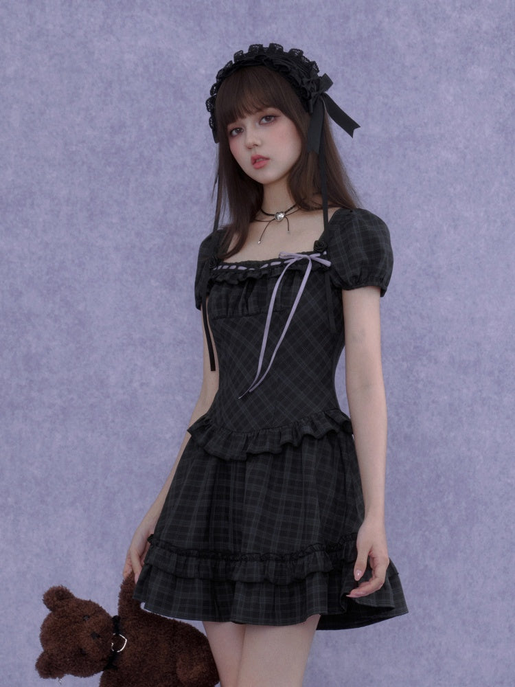 Lolita Doll Rose Embellished Plaid Square Collar Ribbon Dress【s0000016760】