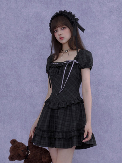 Lolita Doll Rose Embellished Plaid Square Collar Ribbon Dress【s0000016760】