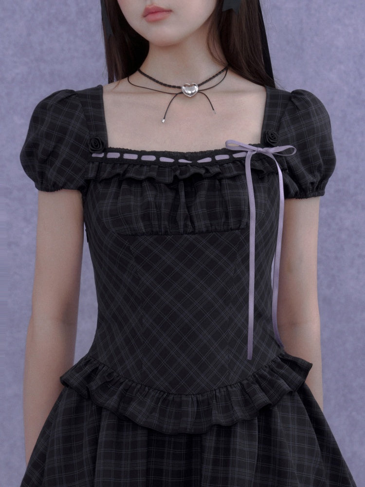 Lolita Doll Rose Embellished Plaid Square Collar Ribbon Dress【s0000016760】