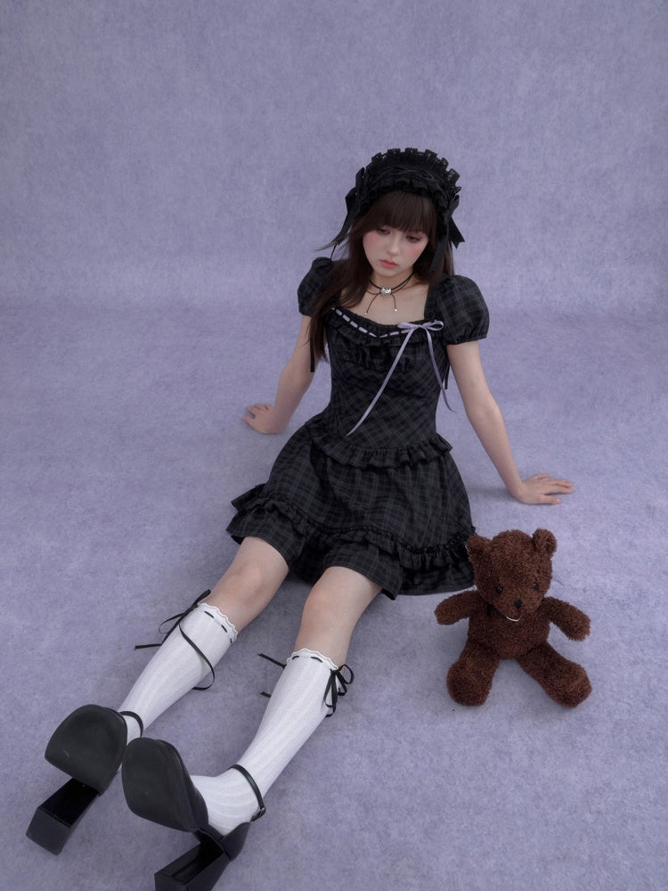 Lolita Doll Rose Embellished Plaid Square Collar Ribbon Dress【s0000016760】