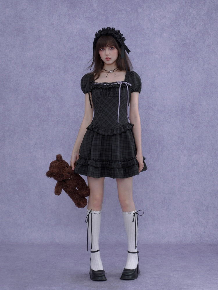 Lolita Doll Rose Embellished Plaid Square Collar Ribbon Dress【s0000016760】