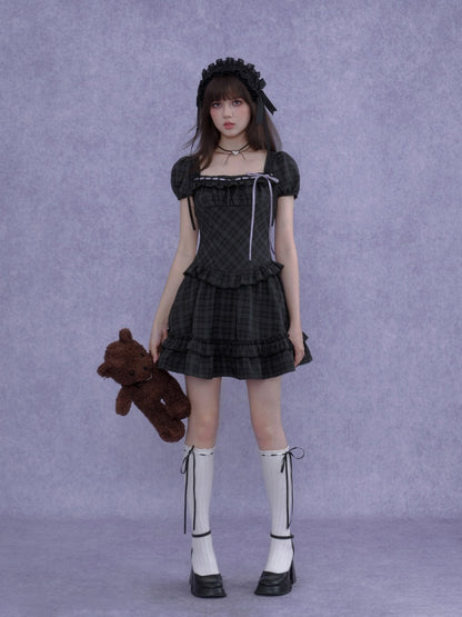 Lolita Doll Rose Embellished Plaid Square Collar Ribbon Dress【s0000016760】