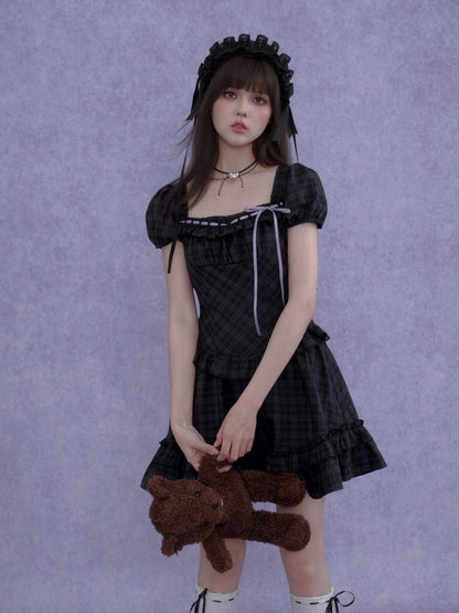 Lolita Doll Rose Embellished Plaid Square Collar Ribbon Dress【s0000016760】