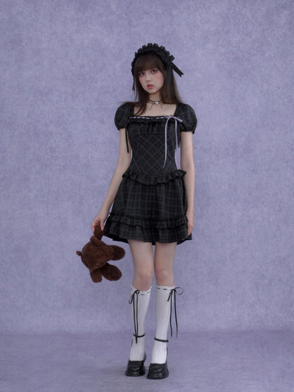 Lolita Doll Rose Embellished Plaid Square Collar Ribbon Dress【s0000016760】