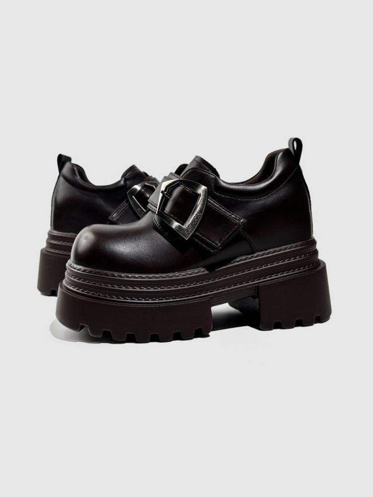 Vintage British Style Leather Metallic Buckle Platform Shoes【s0000016766】