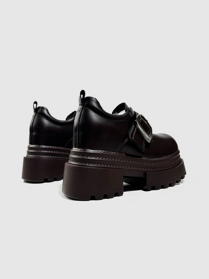 Vintage British Style Leather Metallic Buckle Platform Shoes【s0000016766】
