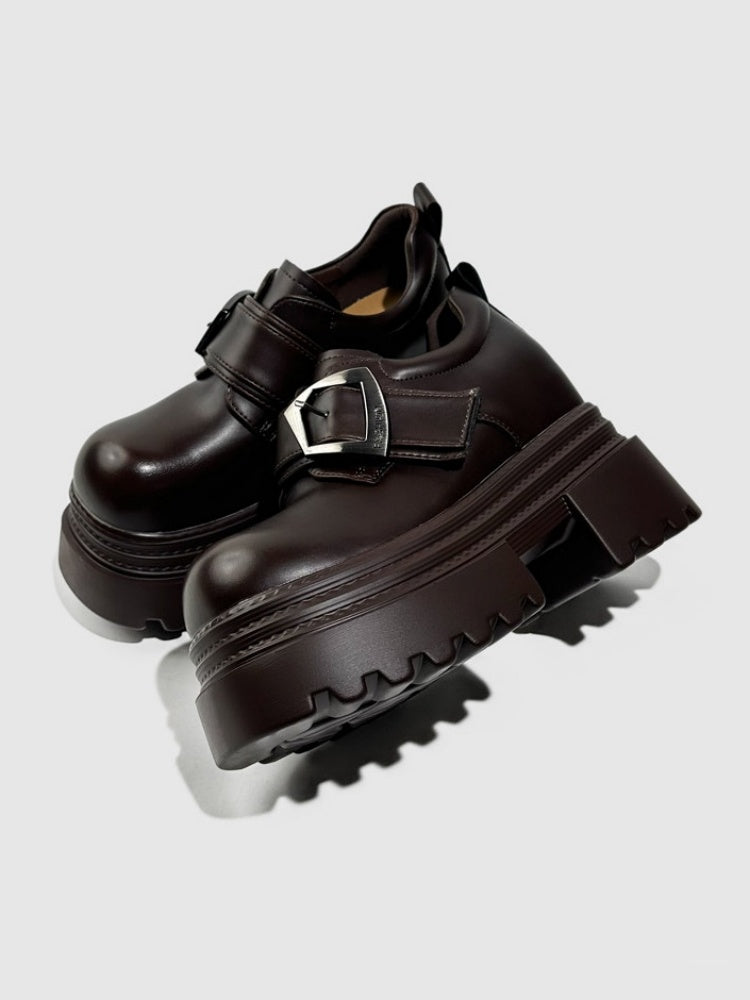 Vintage British Style Leather Metallic Buckle Platform Shoes【s0000016766】