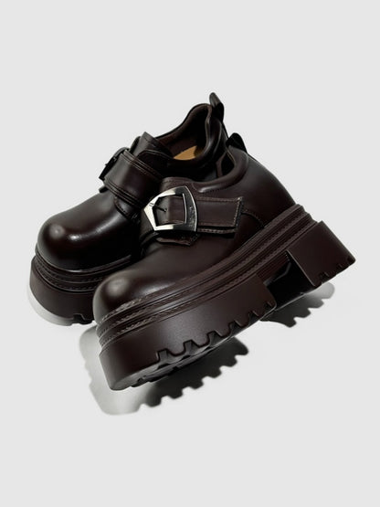 Vintage British Style Leather Metallic Buckle Platform Shoes【s0000016766】
