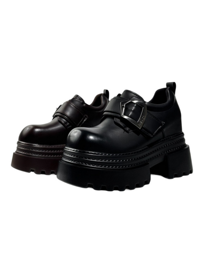 Vintage British Style Leather Metallic Buckle Platform Shoes【s0000016766】