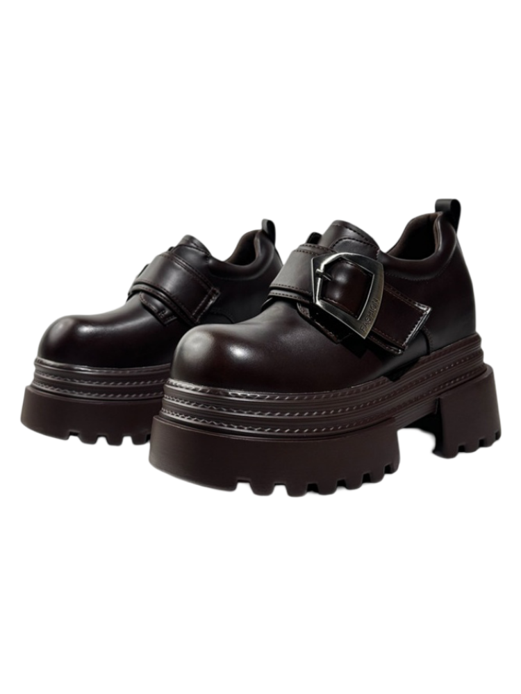 Vintage British Style Leather Metallic Buckle Platform Shoes【s0000016766】