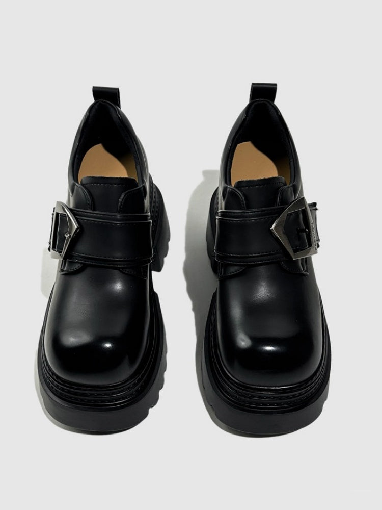 Vintage British Style Leather Metallic Buckle Platform Shoes【s0000016766】